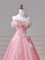 Fairy-tale Ball Gown Strapless Pink Tulle With Flowers Long Formal Fancy Beaded Prom Evening Dress Dinner Outfits Party Gowns AQ085