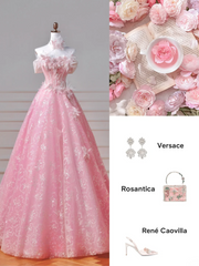 Fairy-tale Ball Gown Strapless Pink Tulle With Flowers Long Formal Fancy Beaded Prom Evening Dress Dinner Outfits Party Gowns AQ085