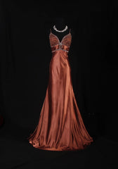 Vintage Mermaid Spaghetti Strap Burnt Orange Satin Party Dress With Beads 1950s Retro Classy Birthday Dinner Long Prom Dresses AS088