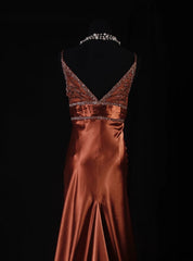 Vintage Mermaid Spaghetti Strap Burnt Orange Satin Party Dress With Beads 1950s Retro Classy Birthday Dinner Long Prom Dresses AS088