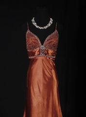 Vintage Mermaid Spaghetti Strap Burnt Orange Satin Party Dress With Beads 1950s Retro Classy Birthday Dinner Long Prom Dresses AS088