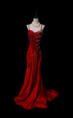 Classic Mermaid Spaghetti Strap Red Chiffon Sleeveless With Beads Long Prom Dresses High School Senior Graduation Dance Evening Outfits AS089