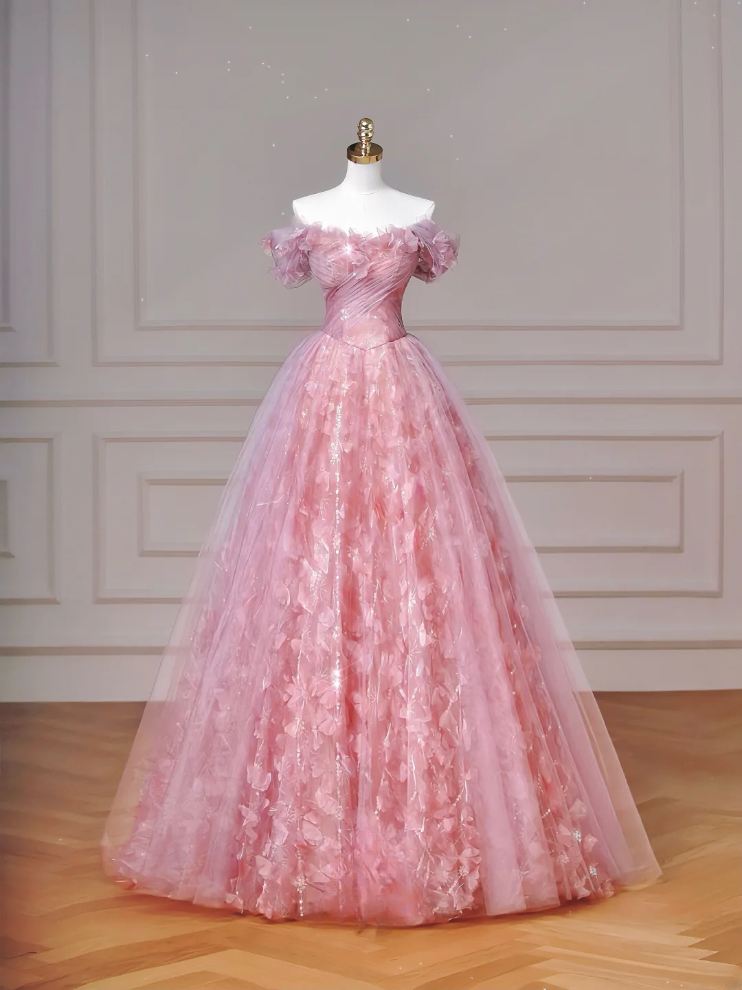 Elegant Ball Gown Off The Shoulder Pink Tulle Long Formal Fancy Prom Evening Dress Dinner Outfits Party Gowns AQ089