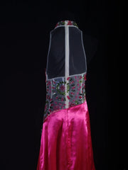 Vintage Mermaid High Neck Hot Pink Satin Party Dress With Beads 1950s Retro Classy Birthday Dinner Long Prom Dresses AS089