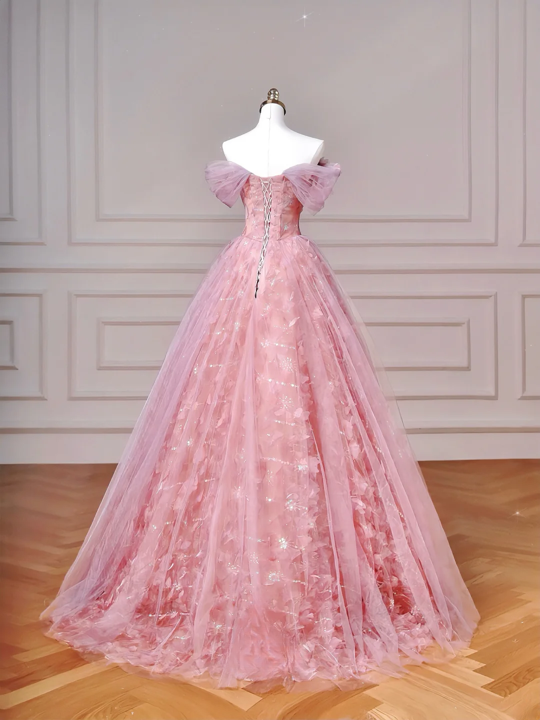 Elegant Ball Gown Off The Shoulder Pink Tulle Long Formal Fancy Prom Evening Dress Dinner Outfits Party Gowns AQ089