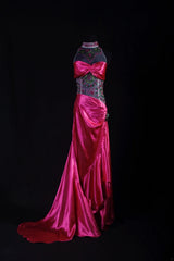 Vintage Mermaid High Neck Hot Pink Satin Party Dress With Beads 1950s Retro Classy Birthday Dinner Long Prom Dresses AS089