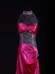 Vintage Mermaid High Neck Hot Pink Satin Party Dress With Beads 1950s Retro Classy Birthday Dinner Long Prom Dresses AS089