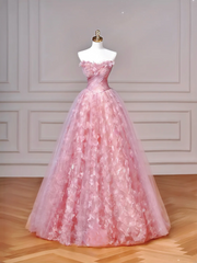 Elegant Ball Gown Off The Shoulder Pink Tulle Long Formal Fancy Prom Evening Dress Dinner Outfits Party Gowns AQ089