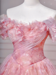 Elegant Ball Gown Off The Shoulder Pink Tulle Long Formal Fancy Prom Evening Dress Dinner Outfits Party Gowns AQ089