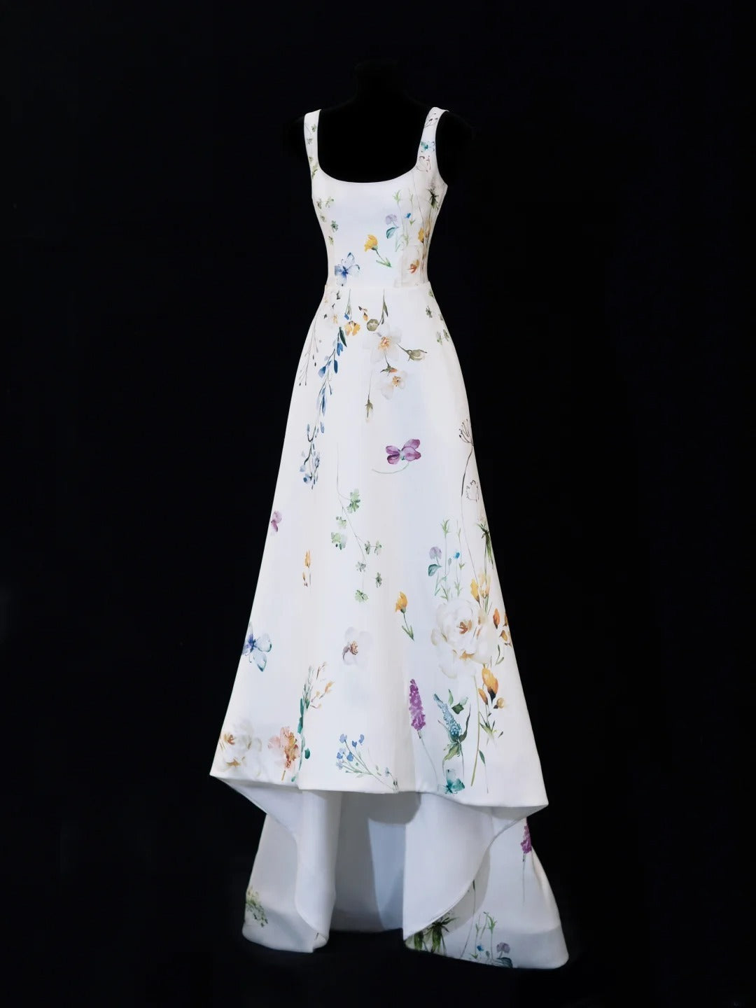 Classy High Low Square Neck Formal Floral Satin White Style Impress Long Prom Dresses Party Gowns SA091