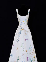 Classy High Low Square Neck Formal Floral Satin White Style Impress Long Prom Dresses Party Gowns SA091