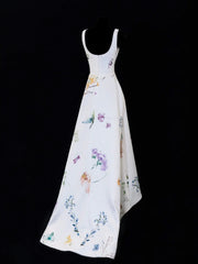 Classy High Low Square Neck Formal Floral Satin White Style Impress Long Prom Dresses Party Gowns SA091