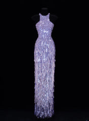 Classy Formal Sheath Scoop Neck Lilac Sequins With Tassel Style Impress Long Prom Dresses Party Gowns SA113