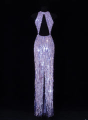 Classy Formal Sheath Scoop Neck Lilac Sequins With Tassel Style Impress Long Prom Dresses Party Gowns SA113