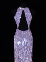 Classy Formal Sheath Scoop Neck Lilac Sequins With Tassel Style Impress Long Prom Dresses Party Gowns SA113