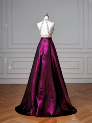 Glamour Ball Gown Halter Purple Satin Long Prom Dresses Party Dress 20th Birthday Outfits Prom Gowns AQ126