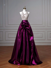 Glamour Ball Gown Halter Purple Satin Long Prom Dresses Party Dress 20th Birthday Outfits Prom Gowns AQ126
