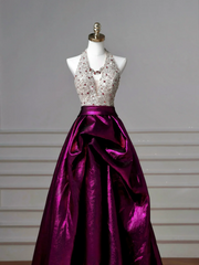 Glamour Ball Gown Halter Purple Satin Long Prom Dresses Party Dress 20th Birthday Outfits Prom Gowns AQ126
