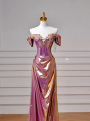 Classy Mermaid Off The Shoulder Pink With Short Sleeves Long Formal Prom Dresses Dance Night Outfits Party Gowns AQ136
