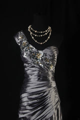 Vintage 50s 1950s Formal Mermaid One Shoulder Grey Tiered Taffeta Pleated With Beads Sleeveless Long Prom Dresses Party Formal Gowns AS137