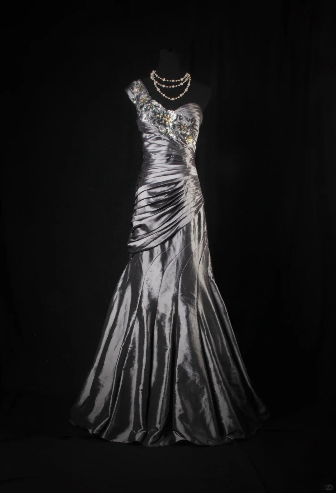 Vintage 50s 1950s Formal Mermaid One Shoulder Grey Tiered Taffeta Pleated With Beads Sleeveless Long Prom Dresses Party Formal Gowns AS137