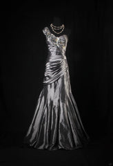 Vintage 50s 1950s Formal Mermaid One Shoulder Grey Tiered Taffeta Pleated With Beads Sleeveless Long Prom Dresses Party Formal Gowns AS137