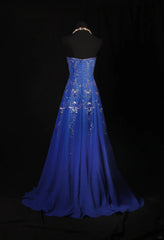 Retro 70s 1960s Formal A Line Strapless Royal Blue With Gem Beads Chiffon Sleeveless Long Prom Dresses Party Formal Gowns AS142