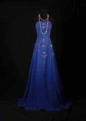 Retro 70s 1960s Formal A Line Strapless Royal Blue With Gem Beads Chiffon Sleeveless Long Prom Dresses Party Formal Gowns AS142