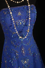 Retro 70s 1960s Formal A Line Strapless Royal Blue With Gem Beads Chiffon Sleeveless Long Prom Dresses Party Formal Gowns AS142