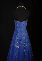 Retro 70s 1960s Formal A Line Strapless Royal Blue With Gem Beads Chiffon Sleeveless Long Prom Dresses Party Formal Gowns AS142