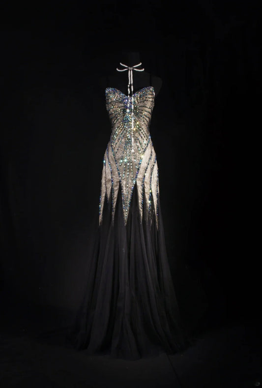 Retro Vintage 1960s Style Formal Mermaid Sweetheart Black Tulle With Beads Long Prom Dresses Party Formal Gowns AS145