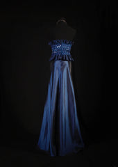 Retro 70s 1960s Formal A Line Strapless Navy Blue With Gem Beads Jacket Sleeveless Long Prom Dresses Party Formal Gowns AS146