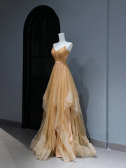Modest Prom Dresses Aesthetic A Line Spaghetti Straps Gold Tulle Inspiration Style Impress With Pleated Long Party Formal Gown AS371