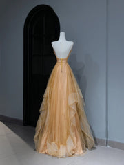 Modest Prom Dresses Aesthetic A Line Spaghetti Straps Gold Tulle Inspiration Style Impress With Pleated Long Party Formal Gown AS371
