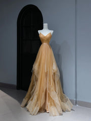 Modest Prom Dresses Aesthetic A Line Spaghetti Straps Gold Tulle Inspiration Style Impress With Pleated Long Party Formal Gown AS371