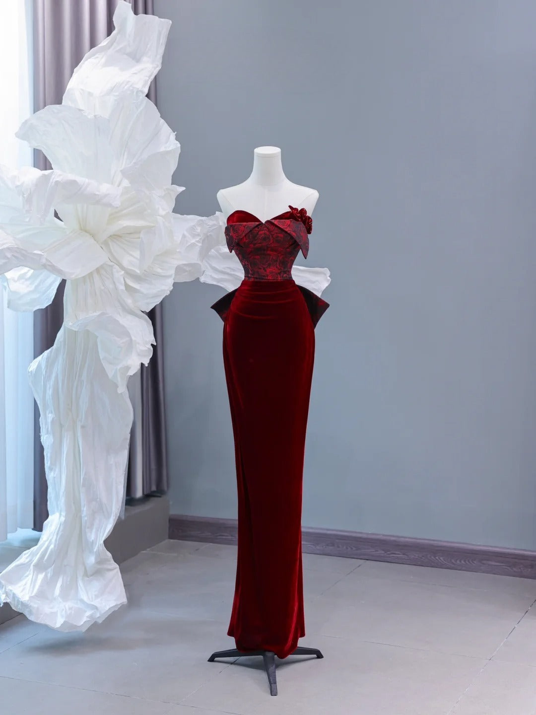 Chic Sheath Sweetheart Burgundy Velvet Long Prom Formal Fancy Evening Dresses Dinner Outfits Classy Party Gowns AS433