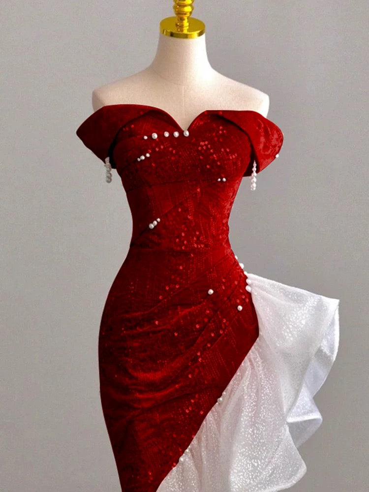 Elegant Mermaid Off The Shoulder Pink With Short Sleeves Formal Dress  Sequin Birthday Prom Dresses N2816