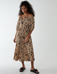 Bardot Midi Dress With Pleated Hem