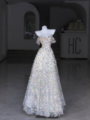 Pretty Prom Dresses Ball Gown Off The Shoulder White Tulle With Flowers Long Formal Dress N2992