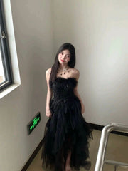 Classy A Line Sweetheart Black Tulle With Ruffles Long Party Gowns Prom Dresses N2037
