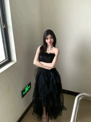 Classy A Line Sweetheart Black Tulle With Ruffles Long Party Gowns Prom Dresses N2037