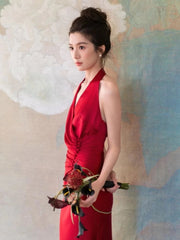 Evening Dresses Women Sheath Halter Red Satin Long Prom Gown Party Wear Fashion Dresses N1806