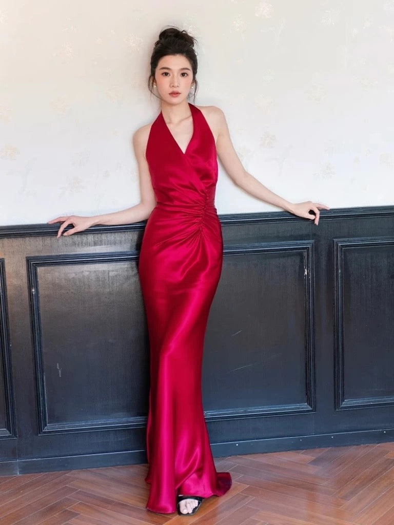 Evening Dresses Women Sheath Halter Red Satin Long Prom Gown Party Wear Fashion Dresses N1806