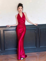 Evening Dresses Women Sheath Halter Red Satin Long Prom Gown Party Wear Fashion Dresses N1806