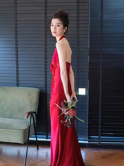 Evening Dresses Women Sheath Halter Red Satin Long Prom Gown Party Wear Fashion Dresses N1806