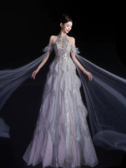 Sexy Evening Dresses Women A Line High Neck Lilac Sequins With Sleeves Long Prom Gown Party Wear Fashion Dresses N1810