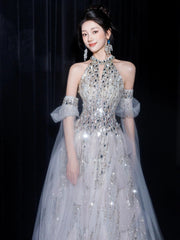 Sexy Evening Dresses Women A Line High Neck Lilac Sequins With Sleeves Long Prom Gown Party Wear Fashion Dresses N1810
