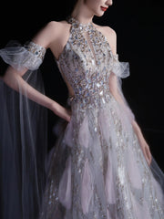 Sexy Evening Dresses Women A Line High Neck Lilac Sequins With Sleeves Long Prom Gown Party Wear Fashion Dresses N1810