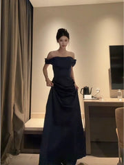 Sexy Evening Dresses Women A line Off The Shoulder Black Satin With Sleeves Long Prom Gown Party Wear Fashion Dresses N1812
