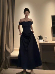 Sexy Evening Dresses Women A line Off The Shoulder Black Satin With Sleeves Long Prom Gown Party Wear Fashion Dresses N1812